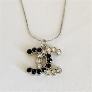 CHANEL Vintage Zipper Pull Necklace Charm Crystal Black Enamel Silver CC Logo